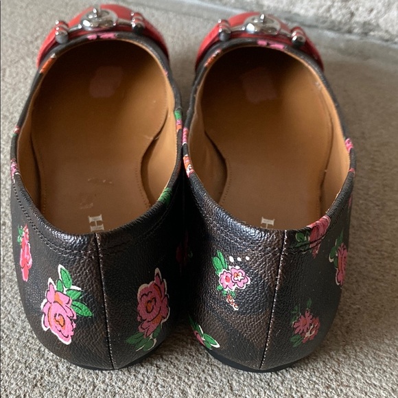 COACH Floral Leila Leather Ballet Flats Sz 6.5B Red + Brown Posy With Buckle GUC - Picture 4 of 6